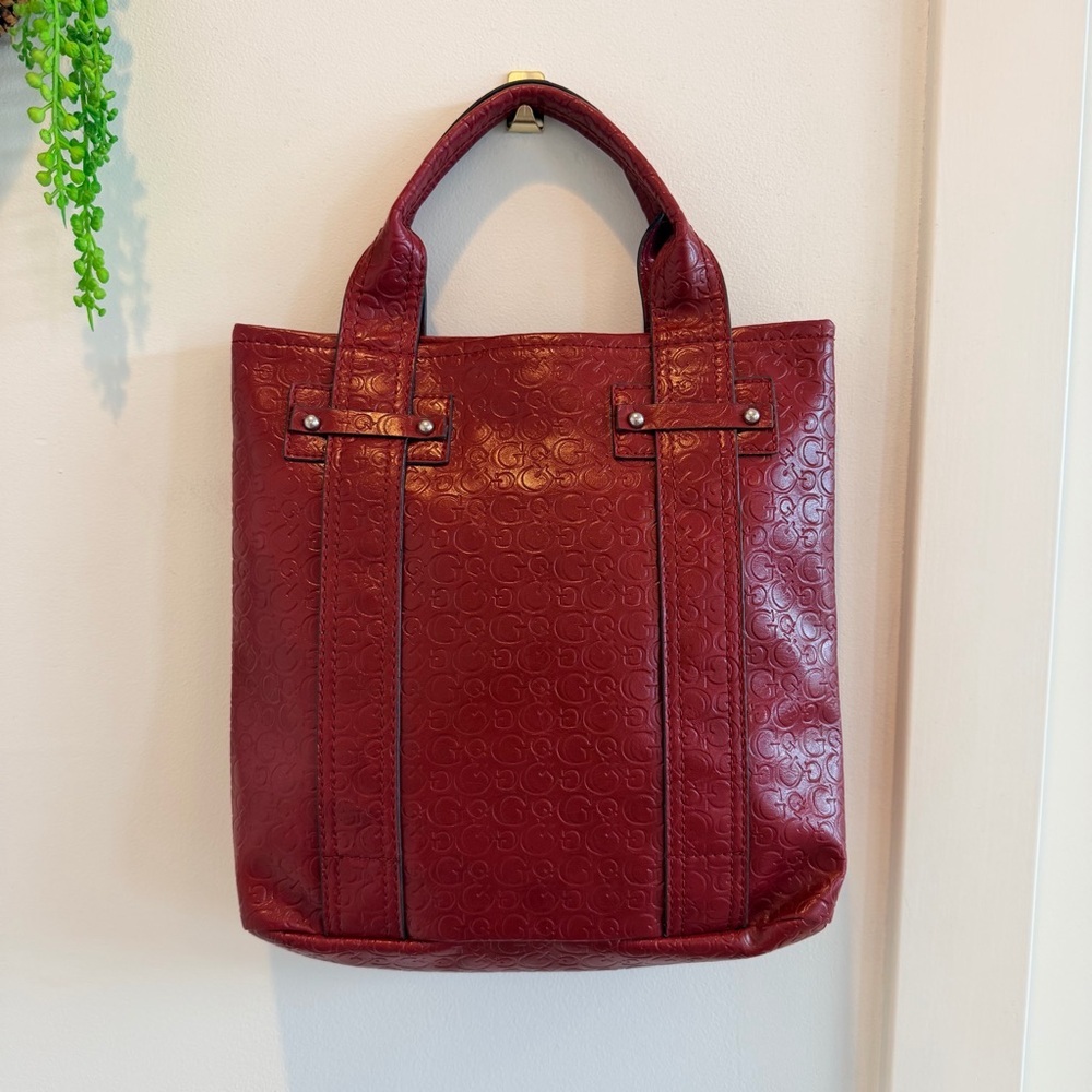 GUESS Y2K Burgundy Monogram Hand Bag Signature Silver Triangle Rhinestone Logo - Picture 7 of 15